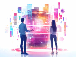 Wall Mural - Flat Holographic Waste to Resource Transformation - Close-up of Holographic Materials Morphing into Useful Products with Glowing Particles, Two Figures Discussing Circular Economy, White Background, V