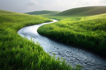 Wall Mural - Serene River Meandering Through Lush Green Hills