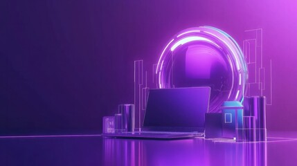 Poster - a digital hologram and a laptop to for cybersecurity on violet gradient background