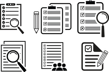 Evaluation icon set. Assessment icon collection. Checklist symbol. Business Assessment Illustration for analysis, performance, plan, improvement, results, and feedback. Vector illustration