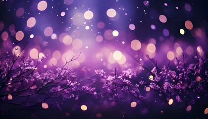 Wall Mural - Mystical enchanting purple forest scene with glowing sparkle bokeh lights, soothing dreamy atmosphere. Snow falls on delicate foliage