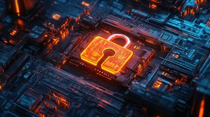Poster - a glowing padlock surrounded by binary code symbol 1026 lock, padlock, security, protection, safety,
