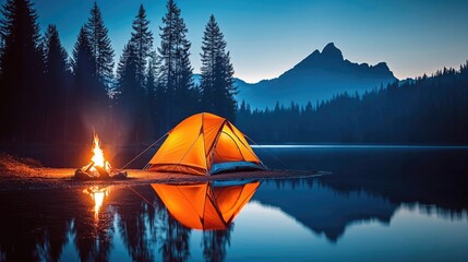 Wall Mural - vibrant camping scene with tent by the lake and mountains at sunset.