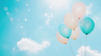 Wall Mural - Colorful balloons floating in a bright sky with bokeh light effect, cheerful celebration.