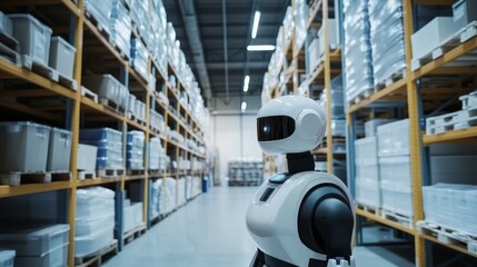 Fototapete - A robot facilitating automated warehouse inventory management with clean, organized storage areas and advanced sorting systems, Warehouse tech style