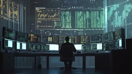 Poster - A man works as an operator specialist in a computer data center in front of many monitors with charts and data