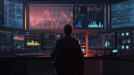 Poster - A man works as an operator specialist in a computer data center in front of many monitors with charts and data