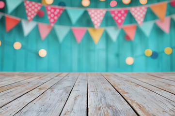 Canvas Print - Empty wooden table against a colorful party background. Ideal for showcasing products with festive decorations. Creating a cheerful setting perfect for any celebration or event