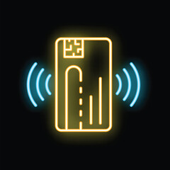 Poster - Bright neon icon of a credit card sending a contactless signal, representing modern payment methods
