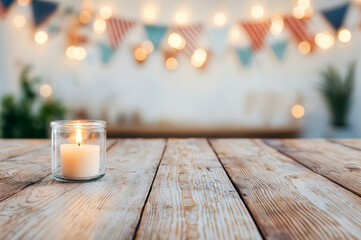Poster - Empty wooden table illuminating by candlelight with a festive background with string lights and pennant flags, perfect for product placement