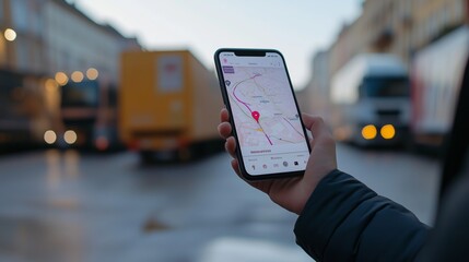 The image shows a hand holding a smartphone displaying a map. The phone has an app open that provides navigation assistance.