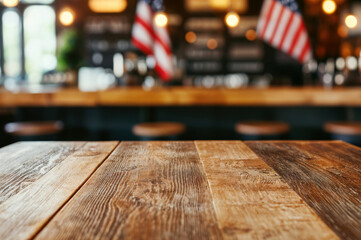 Poster - Empty wooden tabletop with a blurred american bar setting in the background with a rustic brown texture for a warm and inviting atmosphere