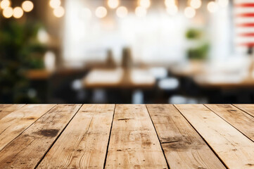 Poster - Empty wooden tabletop with defocused restaurant interior background providing an ideal space for product placement