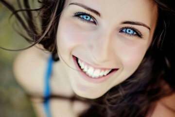 A cheerful woman with dark hair and bright blue eyes enjoying a sunny day, radiating happiness and warmth in a blissful outdoor setting