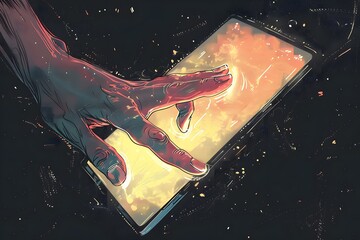Poster - A Hand Reaching for a Glowing Smartphone in a Dark, Cosmic Background
