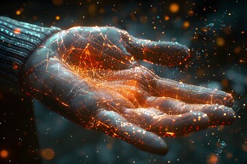 Canvas Print - Illuminated Hand with Digital Connections and Sparkling Particles