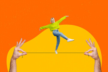 Composite photo collage of happy blonde girl step string ropewalker circus risky equilibrium acrobat isolated on painted background