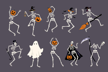 Halloween dancing characters with pumpkins. Cartoon funny holiday skeletons, ghosts and witches, spooky party mascots, scary decorative isolated dead mascots for cards, tidy vector set