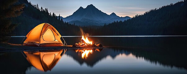 Wall Mural - camping scene with a tent by the lake under a starlit sky and mountains in the background.
