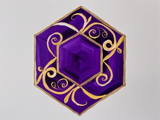 Sticker - Purple hexagon with gold swirls hand drawn painted painting illustration on plain white background