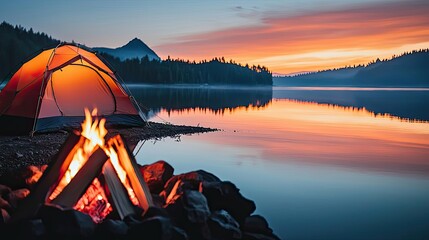 Wall Mural - tent by serene lake at sunset with a campfire, perfect for adventure and relaxation.