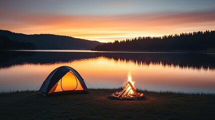 Wall Mural - camping scene with a tent and campfire by a serene lake at sunset.