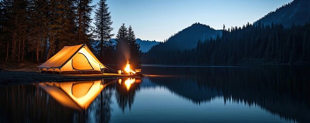 Wall Mural - camping tent by serene lake under twilight sky with glowing campfire.
