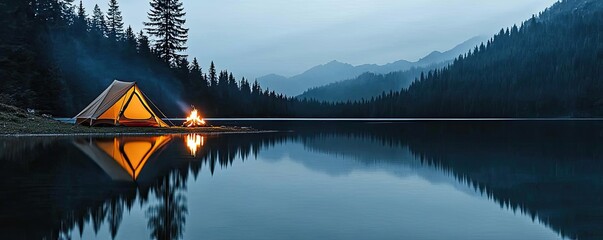 Wall Mural - tent by serene lake reflecting mountains at dusk.
