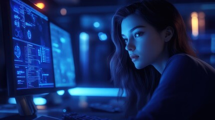 Poster - An ultra-realistic, editorial photo of a female cybersecurity analyst examining AI cyberspace threats on a computer screen in a dark, digital tech office or data center. The scene features blue light