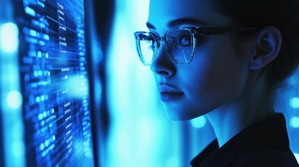 Poster - An ultra-realistic, editorial photo of a female cybersecurity analyst examining AI cyberspace threats on a computer screen in a dark, digital tech office or data center. The scene features blue light