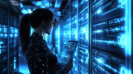 Poster - An ultra-realistic, editorial photo of a female cybersecurity analyst examining AI cyberspace threats on a computer screen in a dark, digital tech office or data center. The scene features blue light