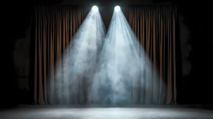 Two spotlights create a haze of light in front of a pair of dark brown curtains.