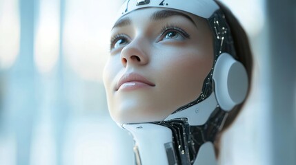 Poster - Artificial intelligence woman looking up at face