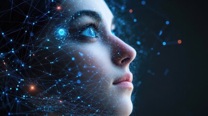 Poster - Artificial intelligence woman looking up at face