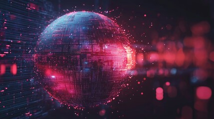 Poster - Abstract holographic sphere with floating data particles on a digital background.
