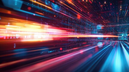 Leinwandbilder - Abstract light streaks and geometric shapes in motion on a futuristic tech background.