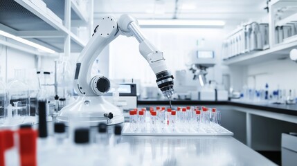 Aufkleber - A robot handling automated sorting of chemical samples in a modern chemical laboratory with clean, organized sorting stations and advanced chemical handling systems, Chemical sorting tech style