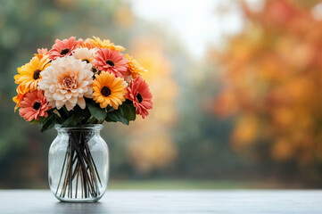 Poster - Vibrant bouquet of orange and peach flowers in a glass vase sitting on a table, with an out of focus autumn background