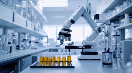Aufkleber - A robot handling automated sorting of chemical samples in a modern chemical laboratory with clean, organized sorting stations and advanced chemical handling systems, Chemical sorting tech style