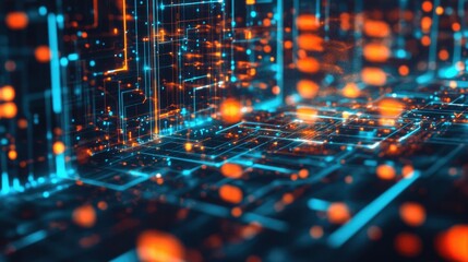 Poster - Abstract neon circuitry pattern with glowing data points on a tech process background.