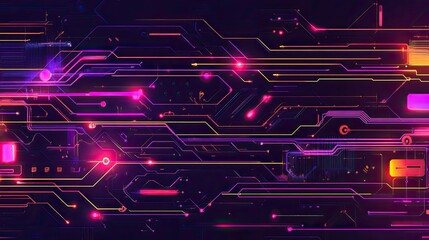 Poster - Abstract neon circuitry patterns with data streams, representing technological processes.