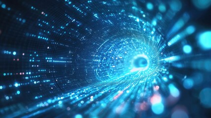 Poster - Abstract tunnel of glowing data points in motion on a blue tech background.