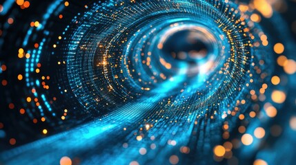 Poster - Abstract tunnel of glowing data points in motion on a blue tech background.