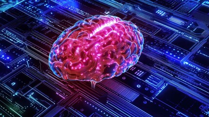 Poster - big data and artificial intelligence concept. human brain glowing from processor, symbolizing the fu