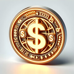 3D Close Up Glowing Promotional Badge Currency Symbols Copy Space Macro Image Abstract Background Bokeh Lights Financial Promotions Advertising Branding