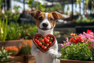 A cute dog holds a red heart bowl along with fresh tomatoes, symbolizing love, health, and nutrition.