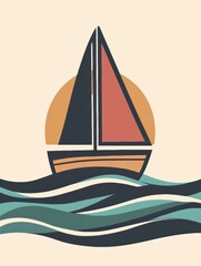 Aufkleber - A sleek sailboat gracefully moves over serene, minimalist waves, accompanied by a warm sunset in a peaceful coastal scene. Generative AI