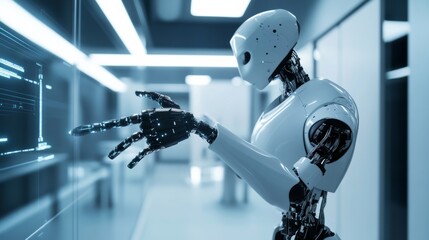 Aufkleber - A robot interacting with an AI-powered robotic arm in a modern artificial intelligence lab, sleek and high-tech research environment, AI-tech style