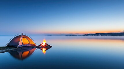 Wall Mural - camping tent near serene lake at sunset with a warm campfire glow.