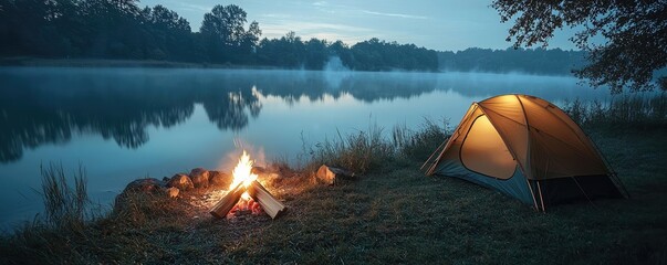 Wall Mural - camping scene by a peaceful lake at twilight with a glowing tent and crackling campfire.